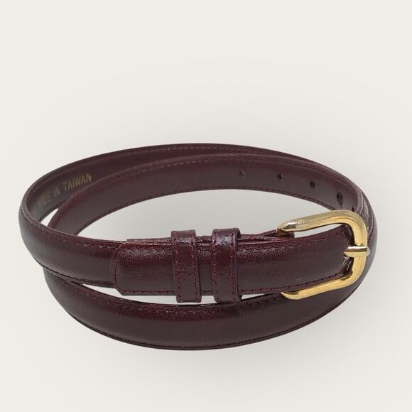 Burgundy Maroon Leather Belt with Gold Buckle Skinny Size Medium - Picture 7 of 7